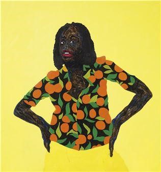 ORANGE SHIRT: Amoako Boafo, oil on canvas,162.6 x 152.4 cm. (64 x 60 in.) 2019.